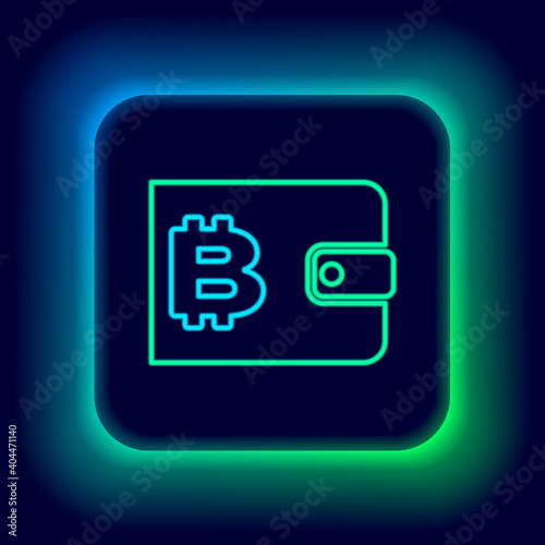 Glowing neon line Cryptocurrency wallet icon isolated on black background. Wallet and bitcoin sign. Mining concept. Money, payment, cash, pay icon. Colorful outline concept. Vector.