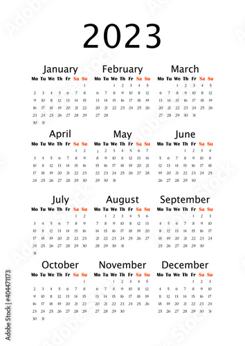 2023 Yearly calendar template, vertical A4 format, week starts Monday. Annual calendar template for business office. Big letter size wall calendar. Elegant annual planner on white background