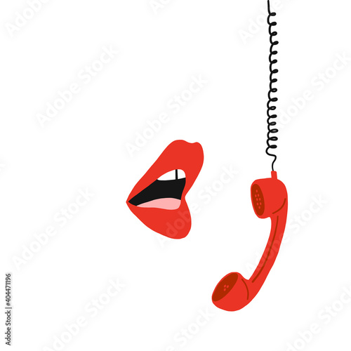 Sexy woman mouth talking in retro phone receiver vector illustration isolated on white Female lips with french red lipstick makeup chat on telephone