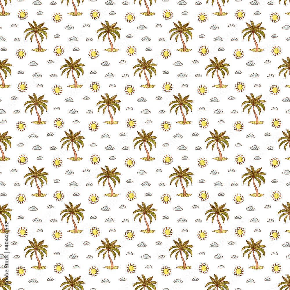 Tropics. Palm trees seamless pattern. Hand Drawn doodle palm tree, cloud, sun. Vector summer vacation background. Tropical wallpaper.
