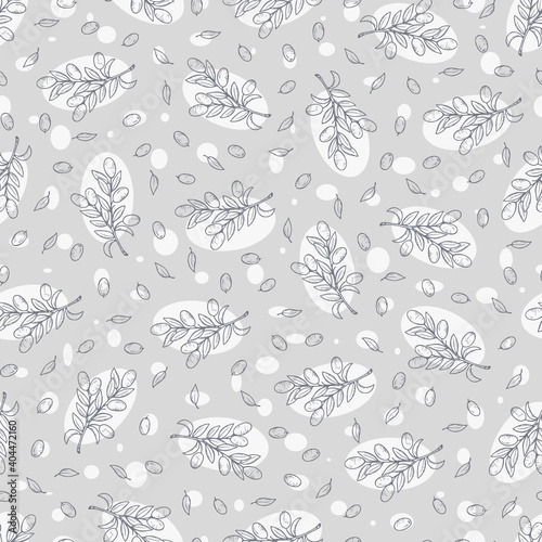 Olive branches Vector seamless pattern. Hand Drawn doodle olive tree twigs, olive berries. Olives blue background. 
