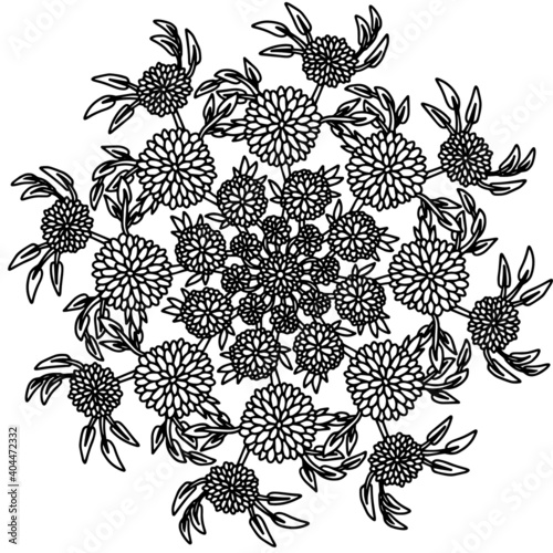 mandala flower lush daisy leaves branches flowering spring summer lined doodle coloring book page black and white background