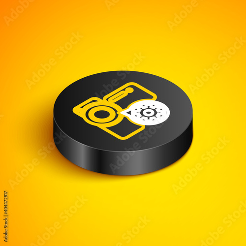 Isometric line Video camera and gear icon isolated on yellow background. Adjusting app, service concept, setting options, maintenance, repair, fixing. Black circle button. Vector.