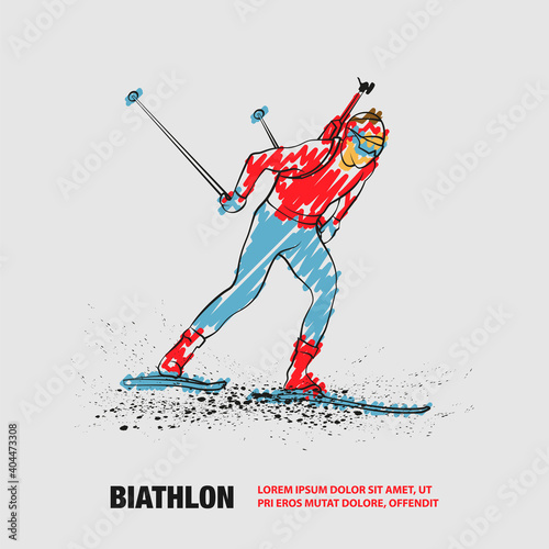 Biathlon man linear silhouette skiing. Vector outline biathlon ski illustration with scribble doodles style drawing.