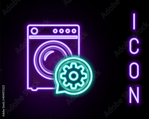 Glowing neon line Washer and gear icon isolated on black background. Adjusting app, service concept, setting options, maintenance, repair, fixing. Colorful outline concept. Vector.