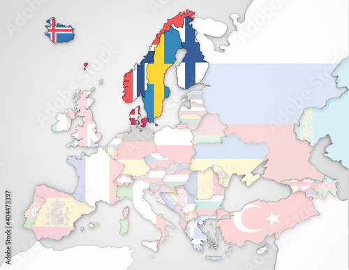 3D Europakarte auf der Skandinavien (inkl. Island + Färöer) hervorgehoben werden und die restlichen Flaggen transparent sind