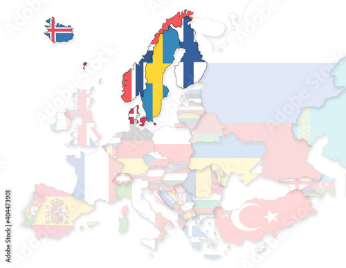 3D Europakarte auf der Skandinavien (inkl. Island + Färöer) hervorgehoben werden und die restlichen Flaggen transparent sind