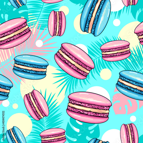 Seamless pattern of colorful sweet macarons cakes with tropic leaves. French macaroons. Junk food background