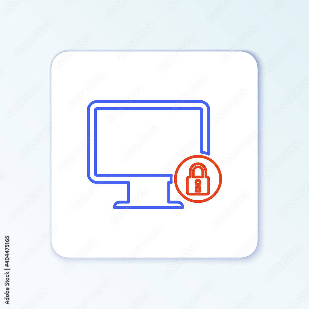 Line Lock on computer monitor screen icon isolated on white background. Monitor and padlock. Security, safety, protection concept. Safe internetwork. Colorful outline concept. Vector. Line Lock on computer monitor screen icon isolated on white background. Monitor and padlock. Security, safety, protection concept. Safe internetwork. Colorful outline concept. Vector.