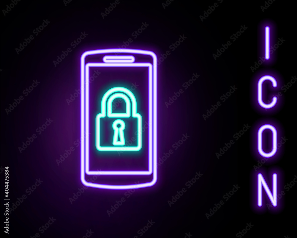 Glowing neon line Smartphone with closed padlock icon isolated on black background. Phone with lock. Mobile security, safety, protection concept. Colorful outline concept. Vector. Glowing neon line Smartphone with closed padlock icon isolated on black background. Phone with lock. Mobile security, safety, protection concept. Colorful outline concept. Vector.