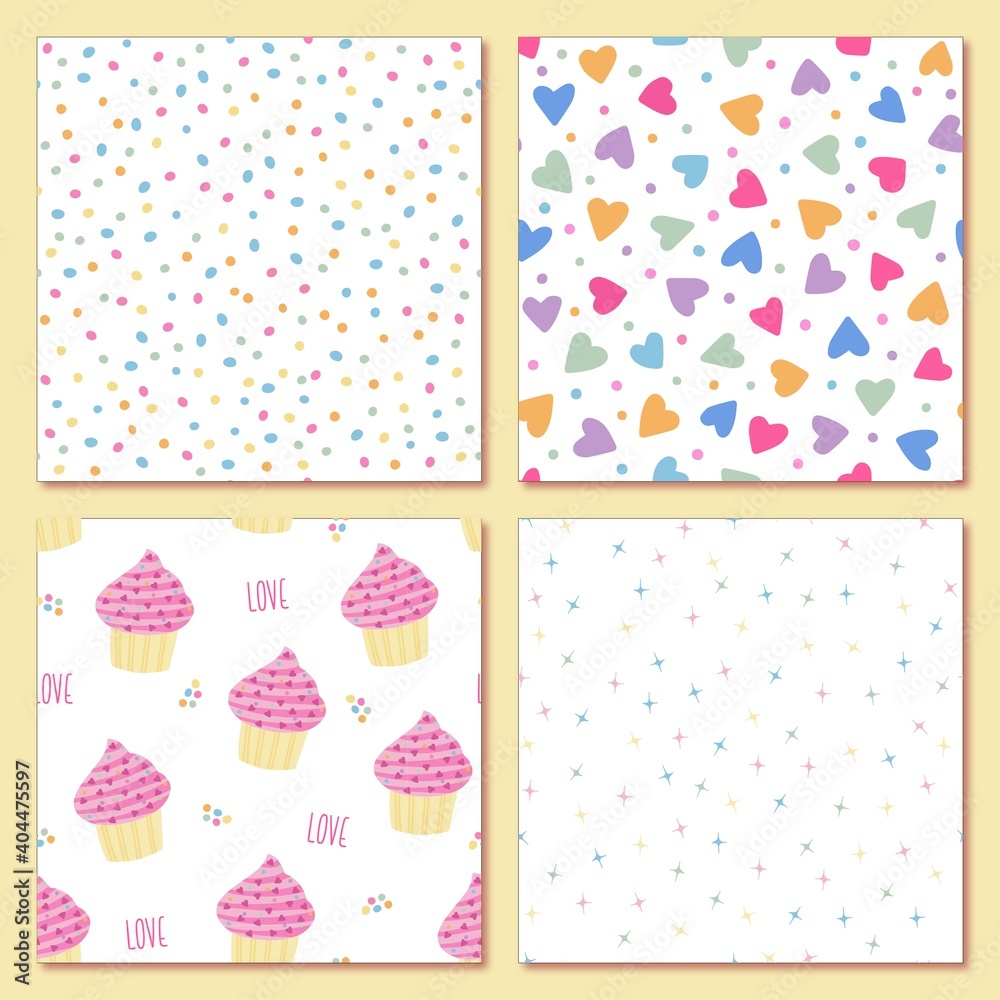 Set 4 seamless love heart background pattern in pastel colors. Great for baby announcement, Valentine's Day, Mother's Day, wedding, scrapbook, gift wrapping paper, textiles, card, banner, poster.