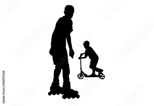 Silhouette Roller Blade Skate and scooter bike kids , boy play spin scooter with white background with clipping path.