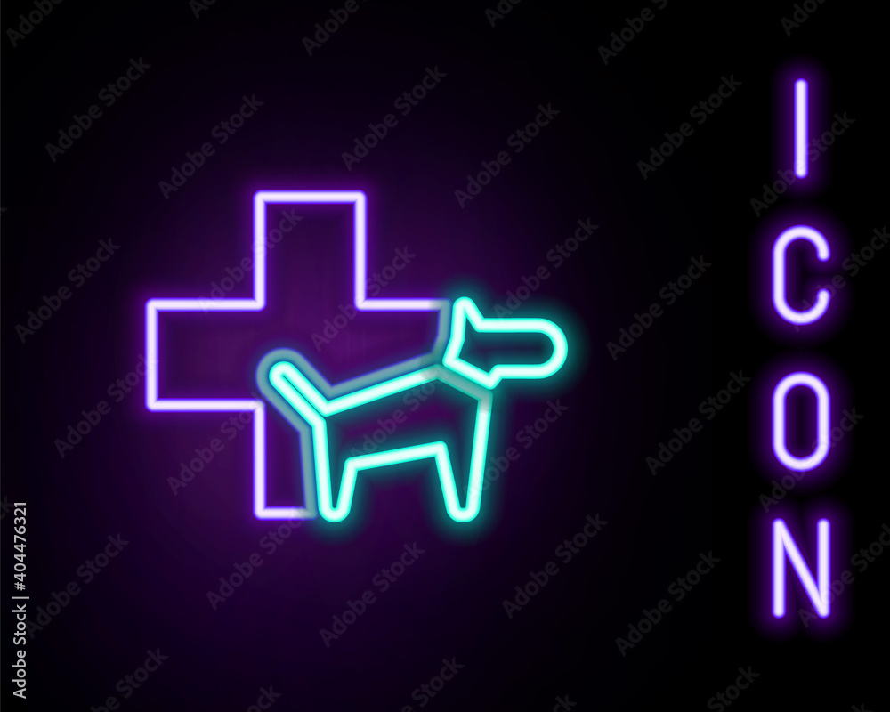 Glowing neon line Veterinary clinic symbol icon isolated on black background. Cross with dog veterinary care. Pet First Aid sign. Colorful outline concept. Vector. Glowing neon line Veterinary clinic symbol icon isolated on black background. Cross with dog veterinary care. Pet First Aid sign. Colorful outline concept. Vector.
