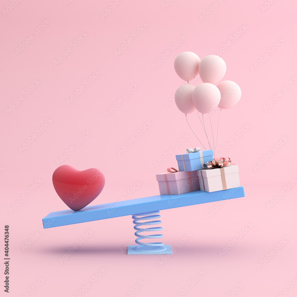 Minimal scene of heart and balloon with gifts on swing chair, love concept. 3D rendering.
