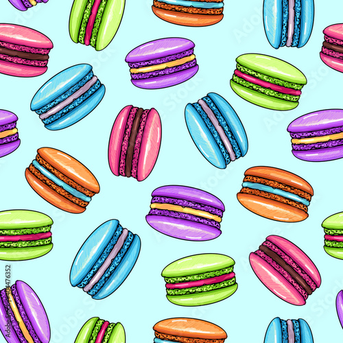Seamless pattern of colorful sweet macarons cakes. French macaroons. Junk food background