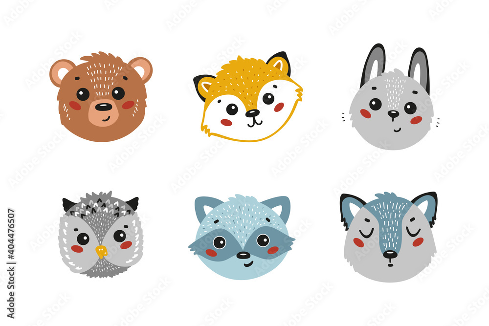Cartoon Cute Animal Faces Vector Set. Doodle Forest Animals: Bear, Fox, Hare, Owl, Raccoon and Wolf
