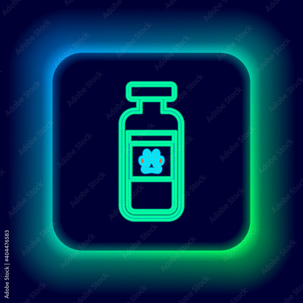 Glowing neon line Pets vial medical icon isolated on black background. Prescription medicine for animal. Colorful outline concept. Vector. Glowing neon line Pets vial medical icon isolated on black background. Prescription medicine for animal. Colorful outline concept. Vector.