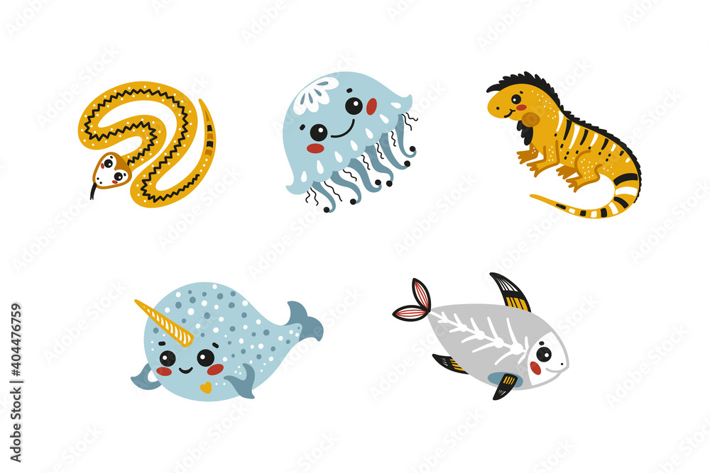 Cartoon Cute Animal Vector Set. Sea Creatures and Reptiles. Doodle Animals:  Snake Viper, Jellyfish, Iguana Lizard, Narwhal and X-ray Fish Stock Vector  | Adobe Stock
