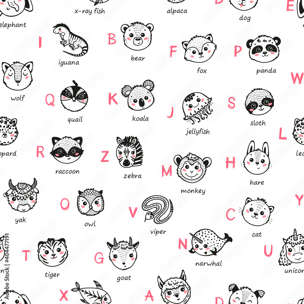 Fototapeta premium Cute Animal Alphabet Seamless Pattern. Cartoon Funny Baby Animals Faces and Doodle Latin Letters and Names. Childish Vector ABC Background 