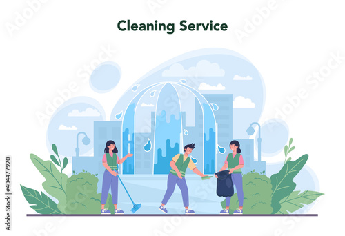 Cleaning service or company concept. Cleaning staff with special