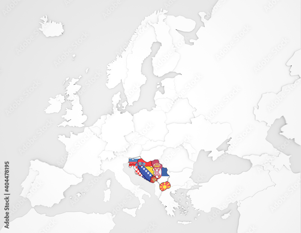 Obraz premium 3D Europakarte auf der die Nachfolgestaaten des ehemaligen Staates Jugoslawien hervorgehoben werden