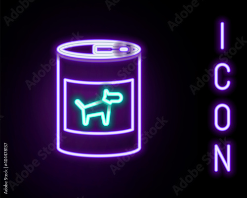 Glowing neon line Canned food for dog icon isolated on black background. Food for animals. Pet dog food can. Colorful outline concept. Vector.
