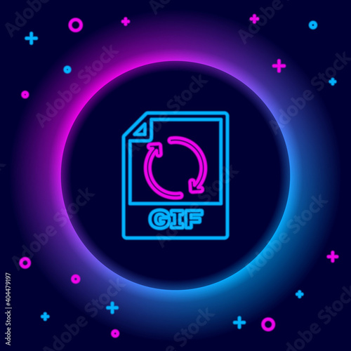 Glowing neon line GIF file document. Download gif button icon isolated on black background. GIF file symbol. Colorful outline concept. Vector.