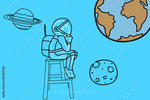 A boy sitting on the small ladder imagine that he wearing the uniform of astronaut surrounding with planet and look back to the earth.