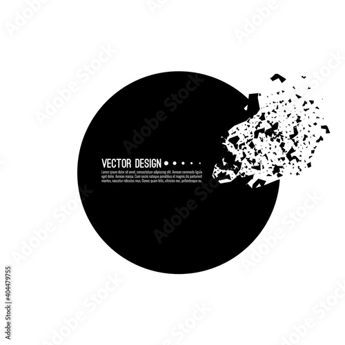 Explosive black banner. Vector circle breaking into small debris with sharp particles.