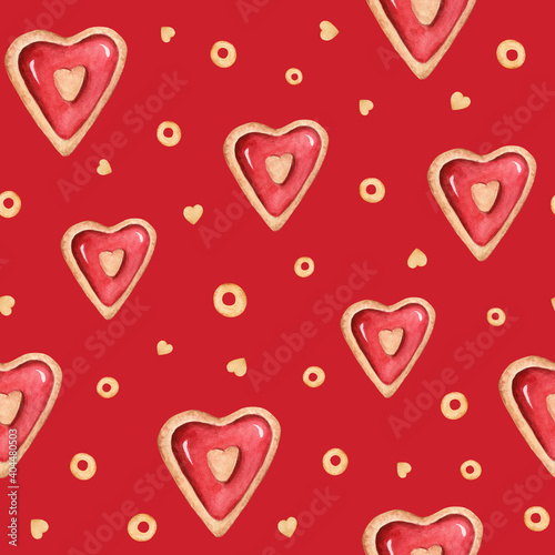 Seamless watercolor pattern of sweet desert. Cookies, hearts, chocolate. Love illustration for Valentines, wedding, scrapbooking, card, invitation