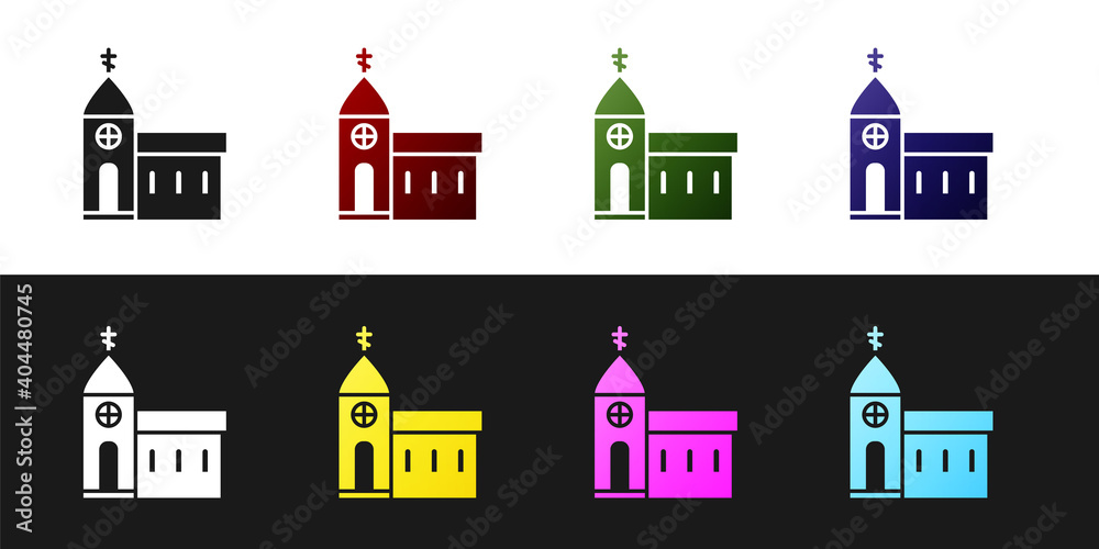 Set Church building icon isolated on black and white background. Christian Church. Religion of church. Vector Illustration.