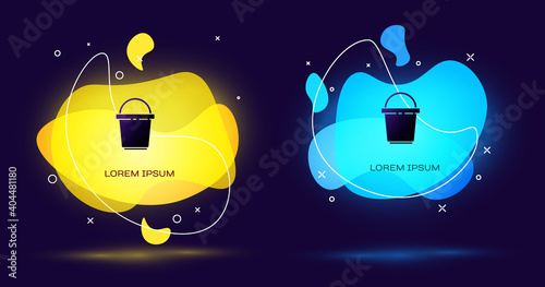 Black Bucket icon isolated on black background. Cleaning service concept. Abstract banner with liquid shapes. Vector Illustration.