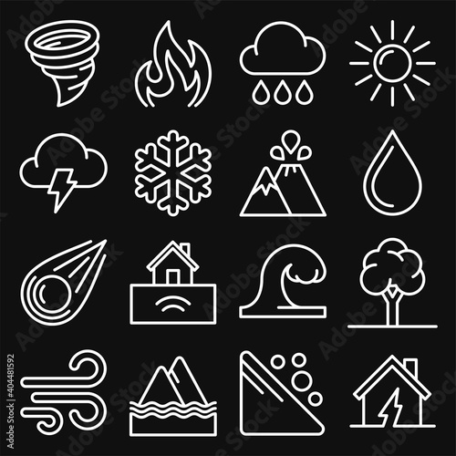 Natural Disaster Icons Set on Black Background. Line Style Vector