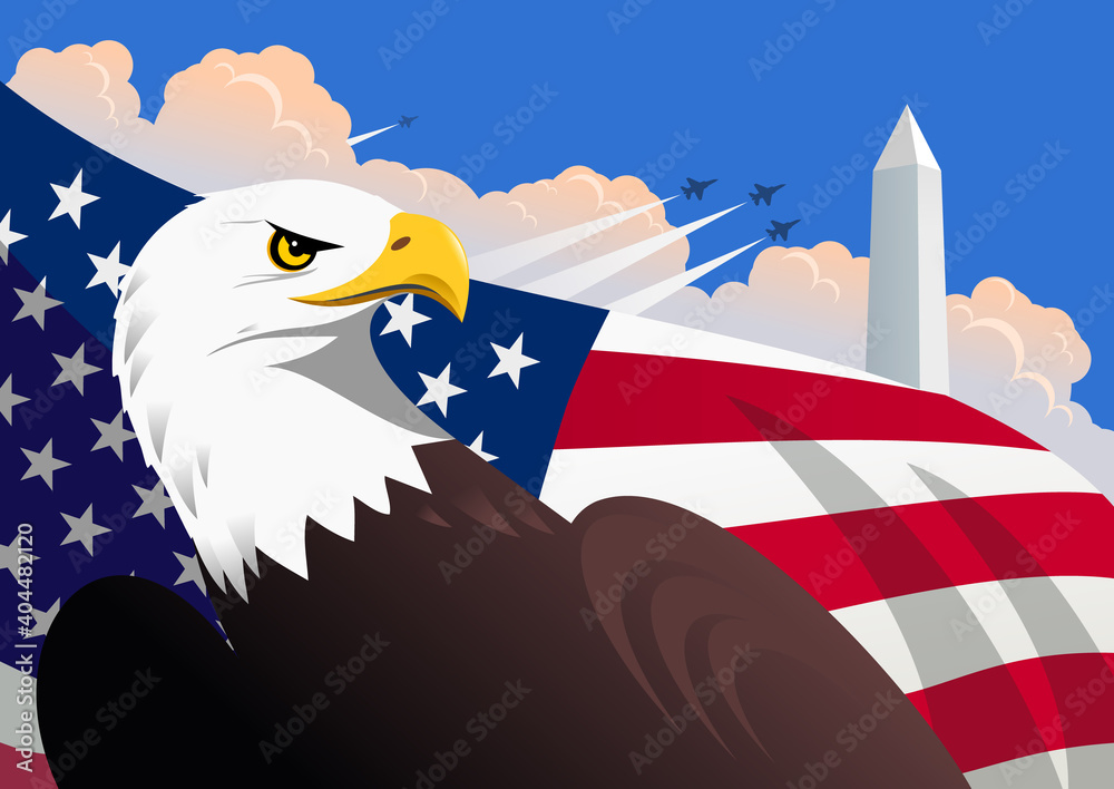 Symbolic American patriotic illustration with the bald eagle, the U.S. flag, The Washington Monument, and military airplanes flying in the sky with cumulus clouds
