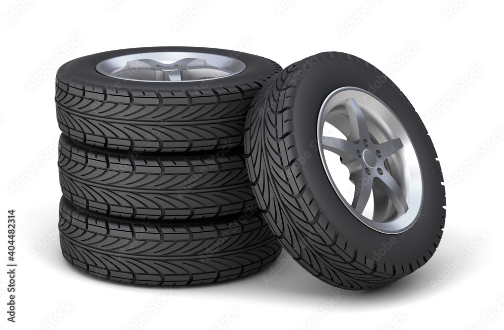 Set of four tires with disks. isolated on white background. 3d render Set of four tires with disks. isolated on white background. 3d render