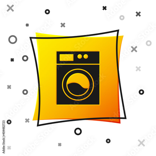 Black Washer icon isolated on white background. Washing machine icon. Clothes washer - laundry machine. Home appliance symbol. Yellow square button. Vector.