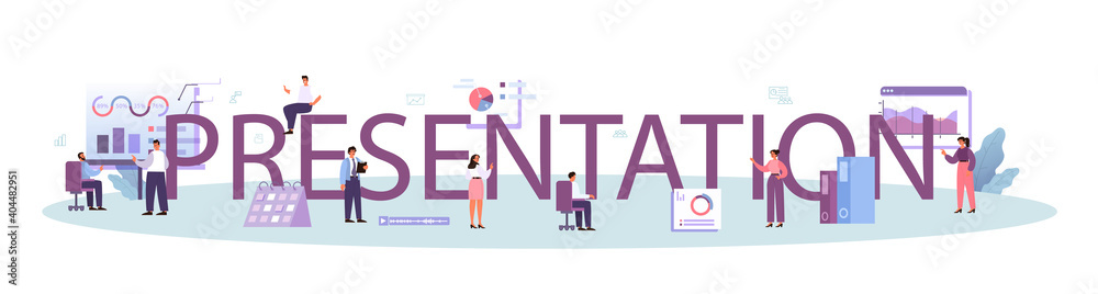Presentation typographic header. Businesspeople in front of group Presentation typographic header. Businesspeople in front of group