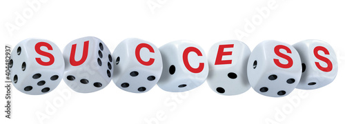 White dice with black eyes numbers spelling SUCCESS in red letters isolated on white background. Concept about being successful.