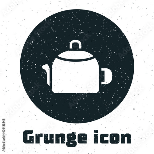 Grunge Kettle with handle icon isolated on white background. Teapot icon. Monochrome vintage drawing. Vector.