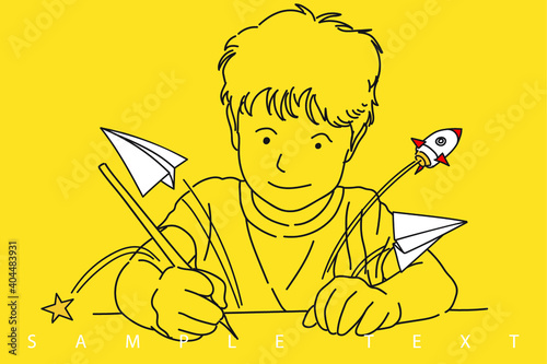 Little boy in purple t-shirt sitting at the table with his mom, he draw the picture on the paper with pencil and thinking about the next pictures.