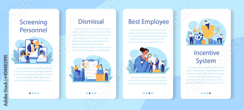 Personnel screening mobile application banner set. Business recruitment