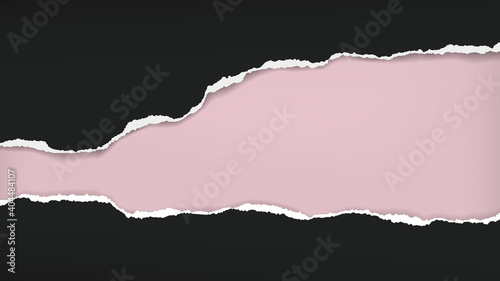 Piece of torn, ripped black paper with soft shadow are on pink background for text. Vector illustration