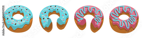 Set of Whole donuts and half-eaten donuts with blue glaze and pink glaze. Tasty doughnuts covered in chocolate cream isolated on a white background. Vector illustration in flat style. isometric.