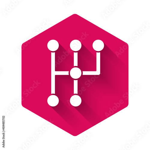White Gear shifter icon isolated with long shadow. Transmission icon. Pink hexagon button. Vector.