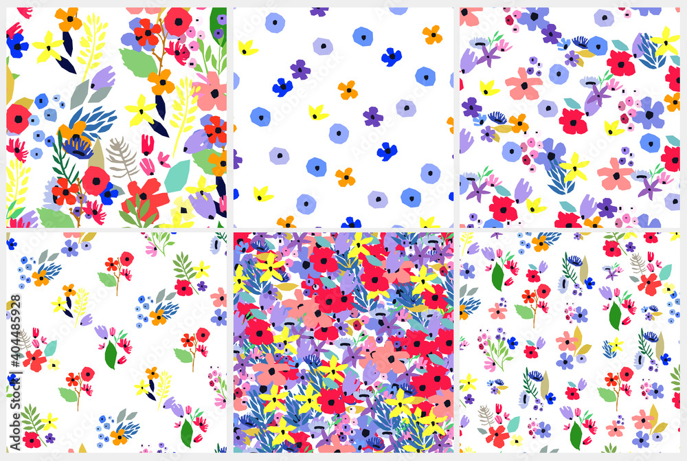 Seamless pattern set. Vector floral design with wildflowers. Romantic background collection Seamless pattern set. Vector floral design with wildflowers. Romantic background collection