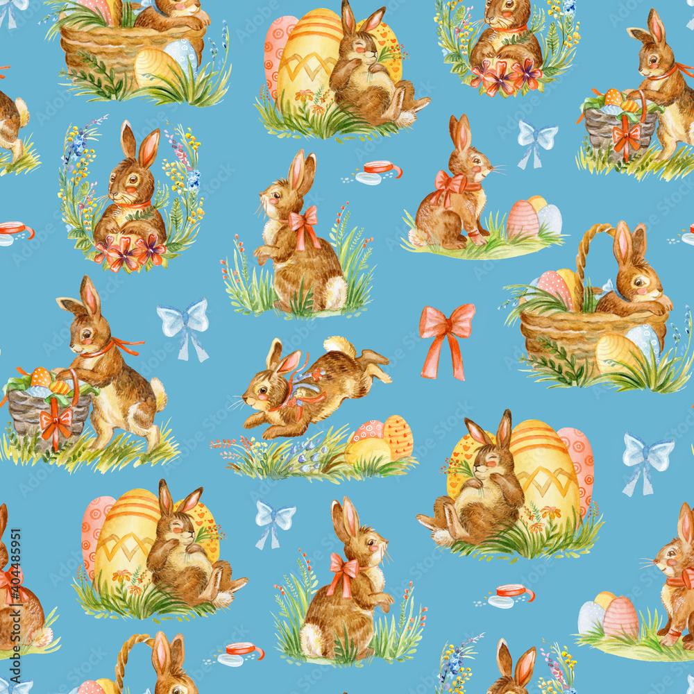 Seamless watercolor pattern with easter rabbits blue