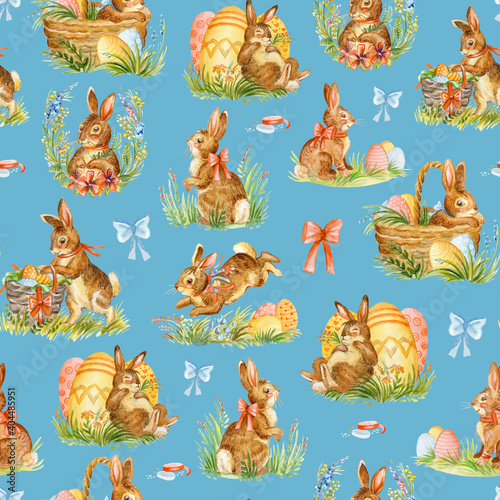 Sticker Seamless watercolor pattern with easter rabbits blue