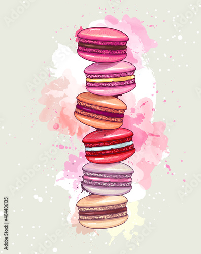 Colorful sweet macarons cakes on artistic watercolor background. French macaroons. Junk food background