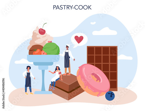 Confectioner. Professional confectioner chef. Sweet baker cooking pie