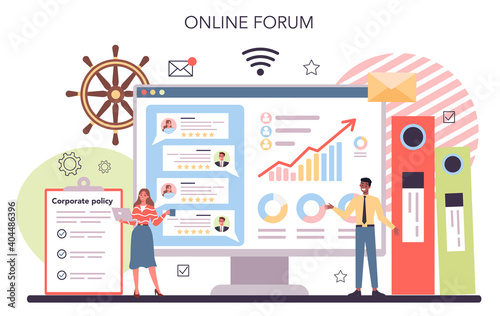 Corporate organization online service or platform. Business ethics.